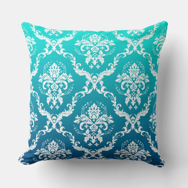 White Floral Damasks Over Turquoise Gradient Cushion (Front)