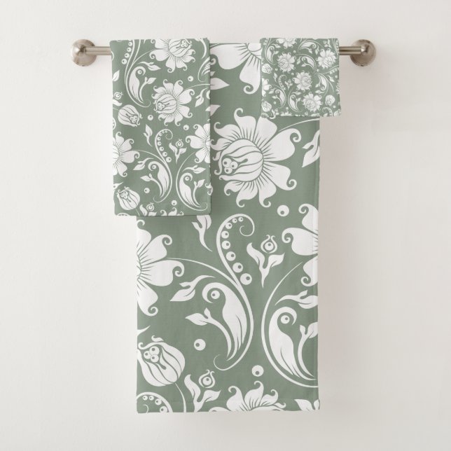 White floral damasks pattern on sage green bath towel set (Insitu)