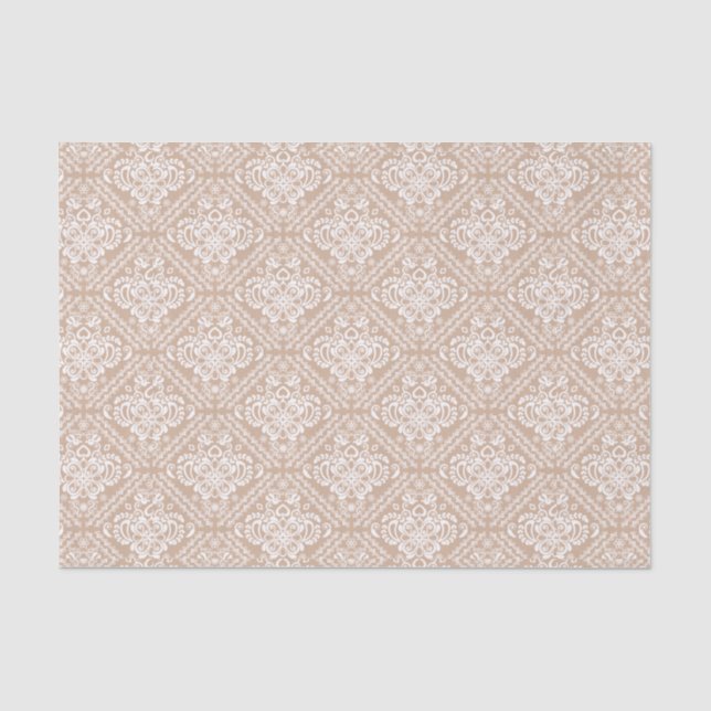 White Floral Damasks & Tan Background Tissue Paper (Front)