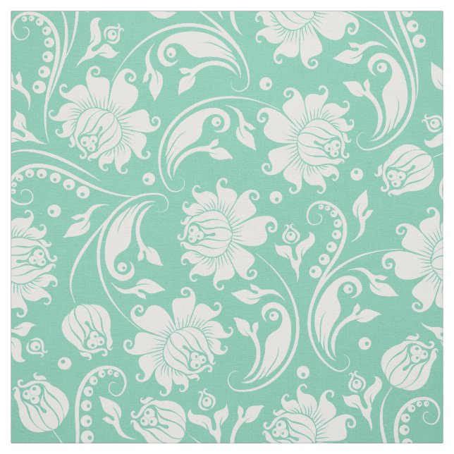 White Floral Damasks With Custom Mint Background Fabric (Swatch)