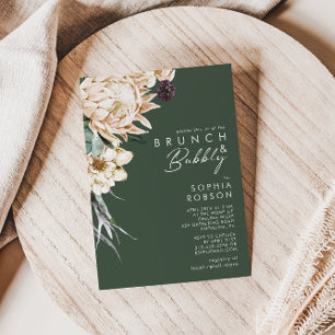 White Floral   Dark Green Brunch and Bubbly Invitation