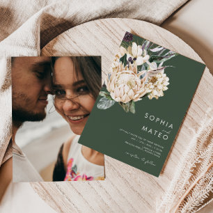 White Floral   Dark Green Casual Photo Wedding Invitation