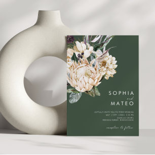 White Floral Dark Green Casual Wedding Invitation