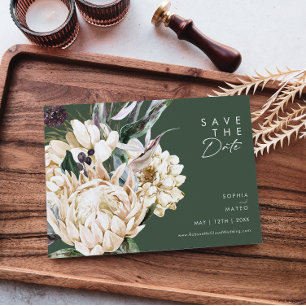 White Floral   Dark Green Horizontal Save The Date
