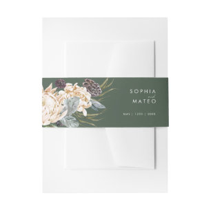 White Floral   Dark Green Invitation Belly Band