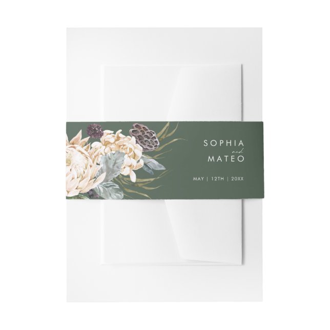 White Floral | Dark Green Invitation Belly Band (Front Example)