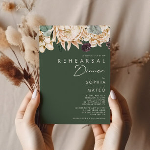 White Floral   Dark Green Rehearsal Dinner Invitation