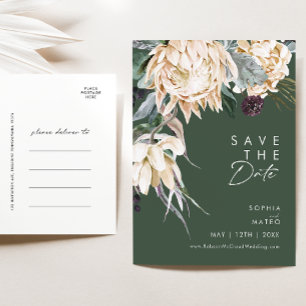 White Floral   Dark Green Save The Date Postcard
