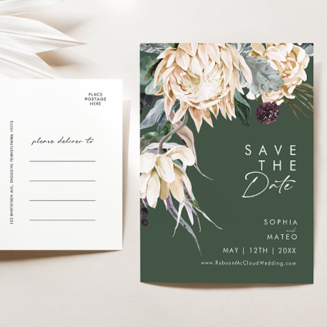 White Floral | Dark Green Save The Date Postcard (Creator Uploaded)