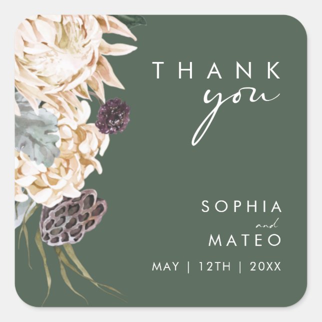 White Floral | Dark Green Thank You Wedding Square Sticker (Front)