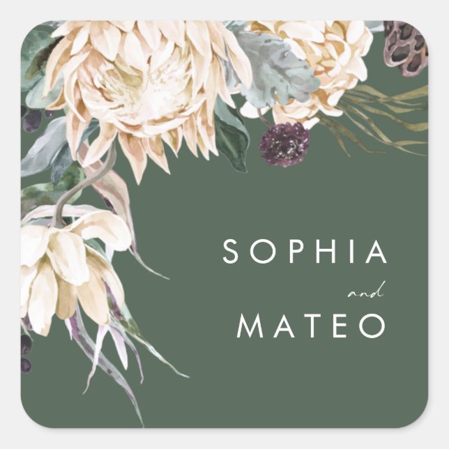 White Floral | Dark Green Wedding Envelope Seals (Front)