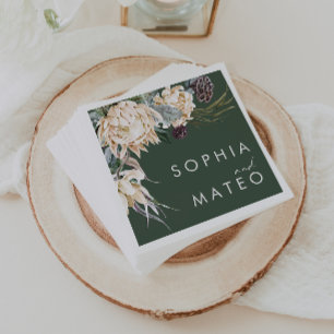 White Floral Dark Green Wedding Napkins