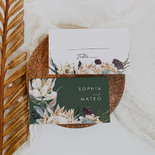 White Floral   Dark Green Wedding Place Card