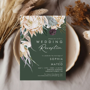 White Floral Dark Green Wedding Reception Invitation