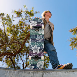 White Floral Dark Purple Teal Blue Green Stripes Skateboard