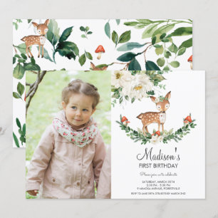 White Floral Deer Fawn Woodland Birthday Photo Invitation