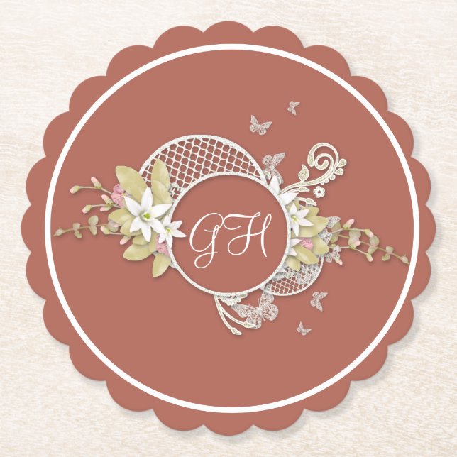 White Floral Design Butterfly Lovely Monogrammed Paper Coaster (Front)