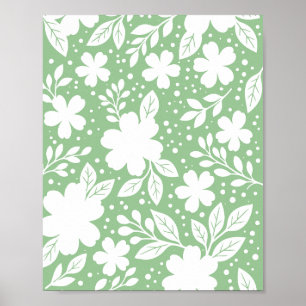 White Floral Design on a Soft Green Background Poster