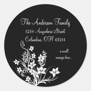 White Floral Design on Black Return Address Labels