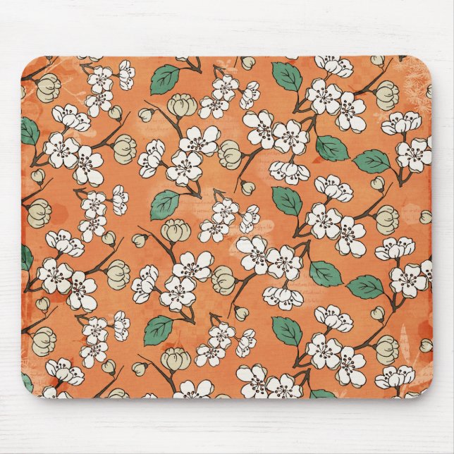 White Floral Design on Orange Mouse Mat (Front)