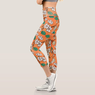 White Floral Design Orange Capri Leggings