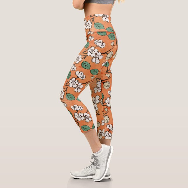 White Floral Design Orange Capri Leggings (Left)