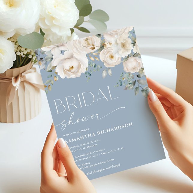 White floral dusty blue elegant bridal shower invitation (Creator Uploaded)