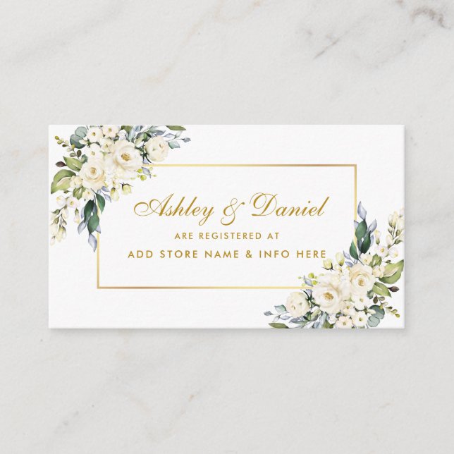 White Floral Dusty Blue Gold Wedding Registry Enclosure Card (Front)
