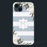 White Floral Dusty Blue Striped Framed Monogram iPhone 13 Case<br><div class="desc">White Floral Dusty Blue Striped Framed Monogram Design. Trendy and stylish, just add your personalized initial letter. Makes a modern an classy gift for her, moms, grandmothers, aunts, girlfriends, and more. This Feminine Elegant and girly look pairs Dusty Blue Gray and white horizontal stripes, with vintage white roses, flowers, and...</div>