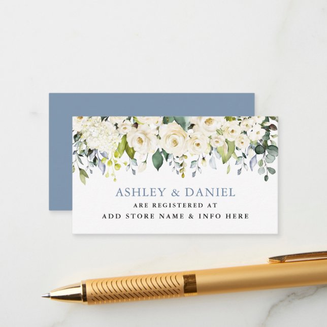 White Floral Dusty Blue Wedding Registry Enclosure Card (Front/Back In Situ)
