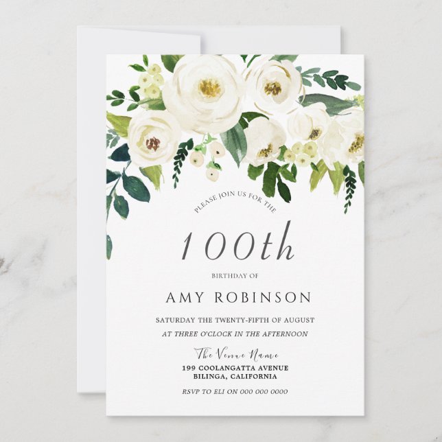 White Floral Elegant 100th Birthday Party Invitation (Front)