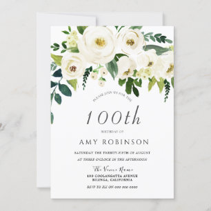 White Floral Elegant 100th Birthday Party Invitation
