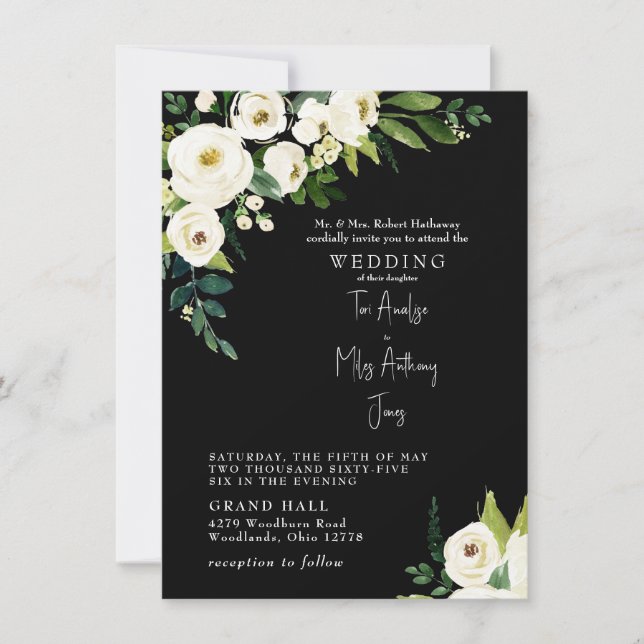 White Floral Elegant B/W Wedding Invitation (Front)