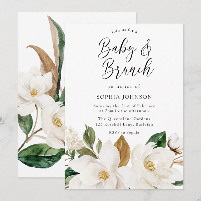 White Floral Elegant Baby & Brunch Baby Shower Invitation (Front/Back)