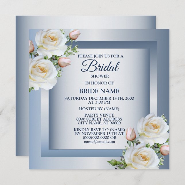 White Floral Elegant Blue Gray Bridal Shower Invitation (Front/Back)
