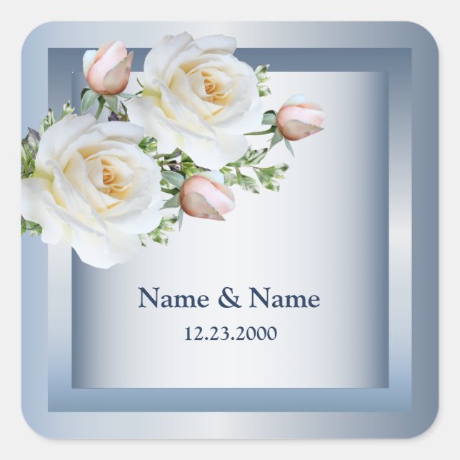 White Floral Elegant Blue Gray Square Sticker (Front)