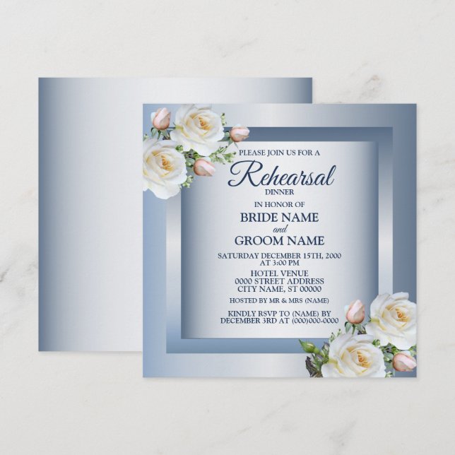 White Floral Elegant Blue Grey Rehearsal Dinner Invitation (Front/Back)