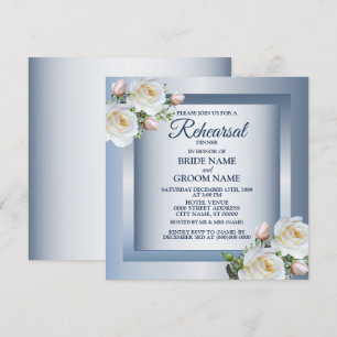 White Floral Elegant Blue Grey Rehearsal Dinner Invitation