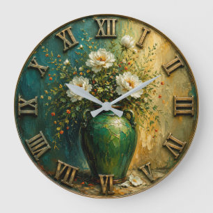 White Floral Elegant Botanical Art Emerald Green Large Clock