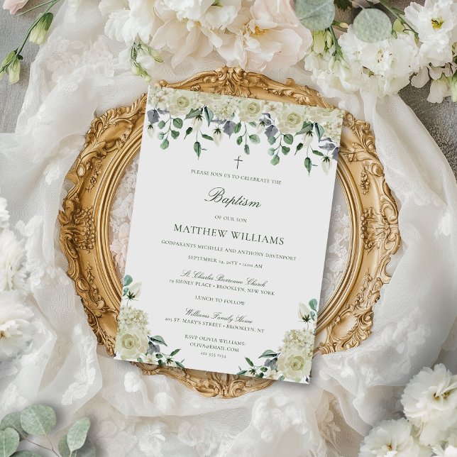White Floral Elegant Neutral Baptism Invitation (This elegant, white floral baptism invitation can be used for a baby boy or baby girl)
