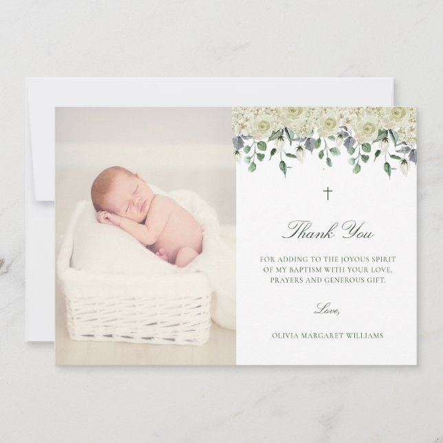 White Floral Elegant Photo Baptism Thank You (Front)