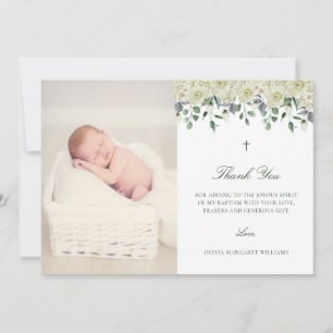 White Floral Elegant Photo Baptism Thank You