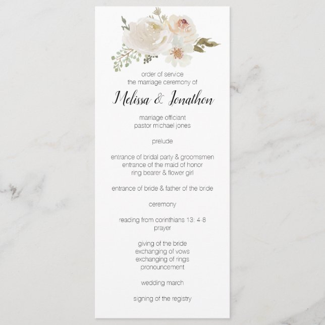 White Floral Elegant Romantic Wedding Programme (Front)