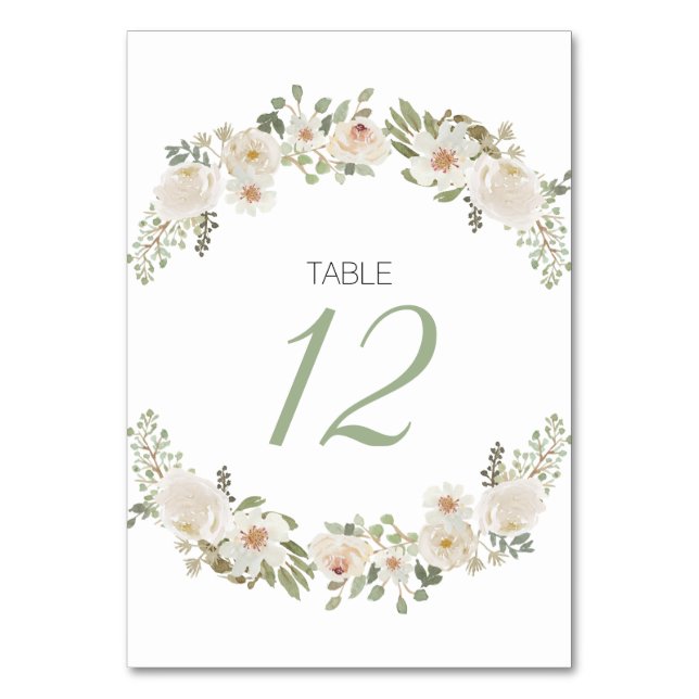 White Floral Elegant Romantic Wedding Table Number (Front)