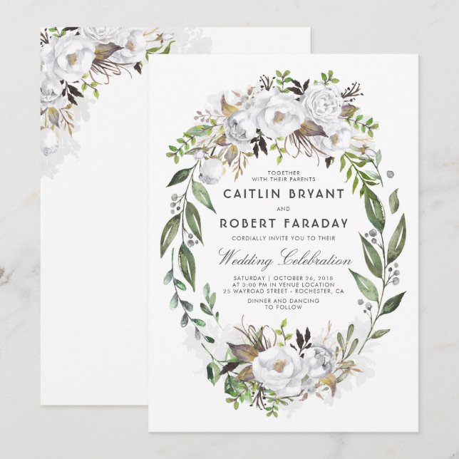 White Floral Elegant | Watercolor Greenery Wedding Invitation (Front/Back)