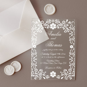 White Floral Elegant Wedding  Acrylic Invitations