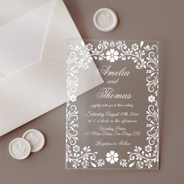 White Floral Elegant Wedding  Acrylic Invitations (Creator Uploaded)