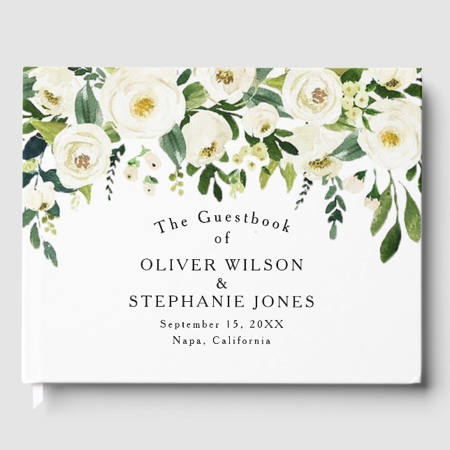 White Floral Elegant Wedding Guest Book (Front)