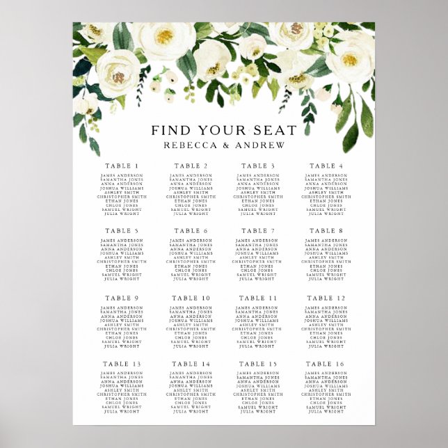 White Floral Elegant Wedding Seating Chart (Front)