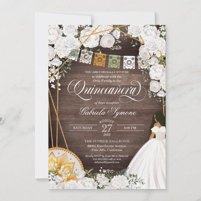 White Floral Elegant Western Charro Quinceanera Invitation (Front)